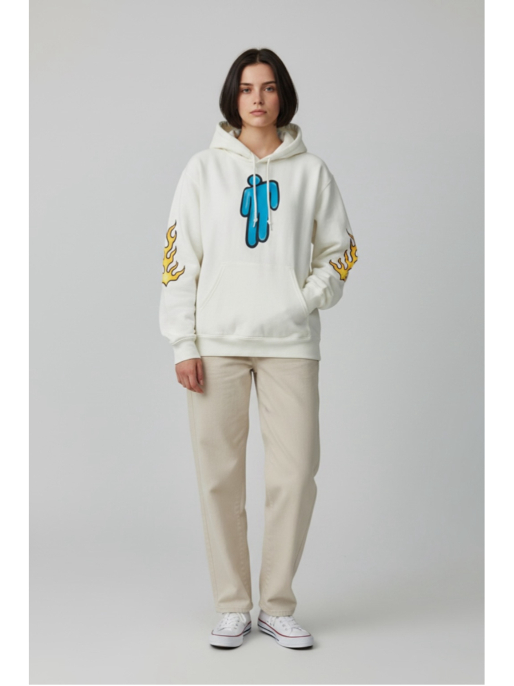 Women's Billie Eilish World Tour Hoodie Size S White Blue Flame Graphic